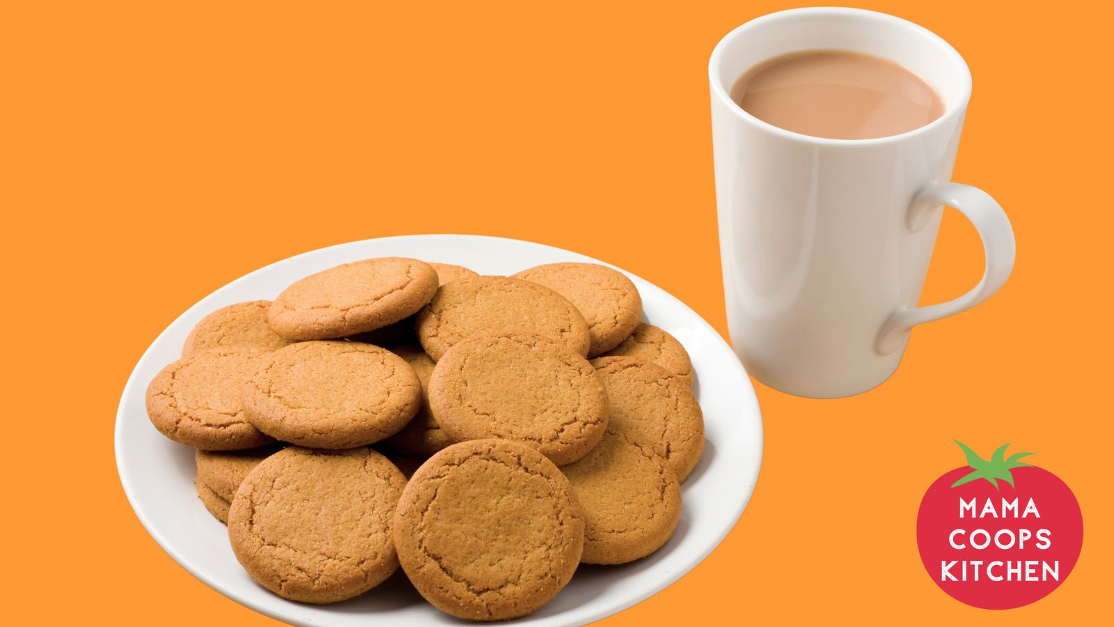 ginger biscuit recipe image of a plate of ginger biscuits and a cup of tea on an orange background