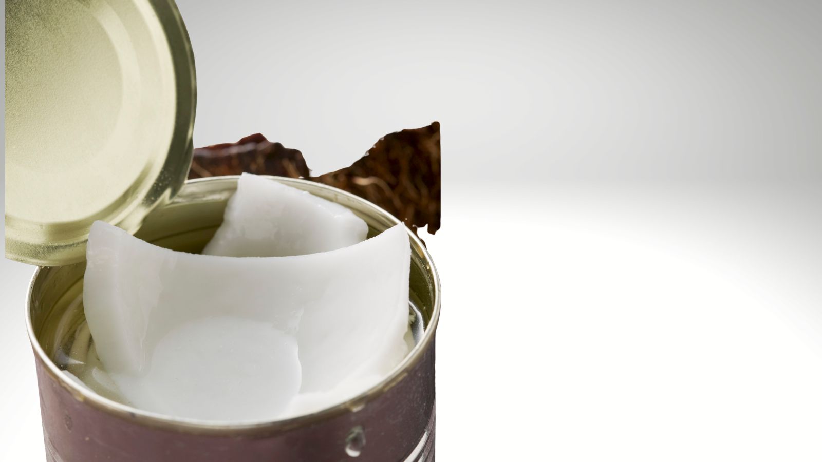 kitchen cupboard staples coconut milk image of an open tin of coconut milk on a grey background