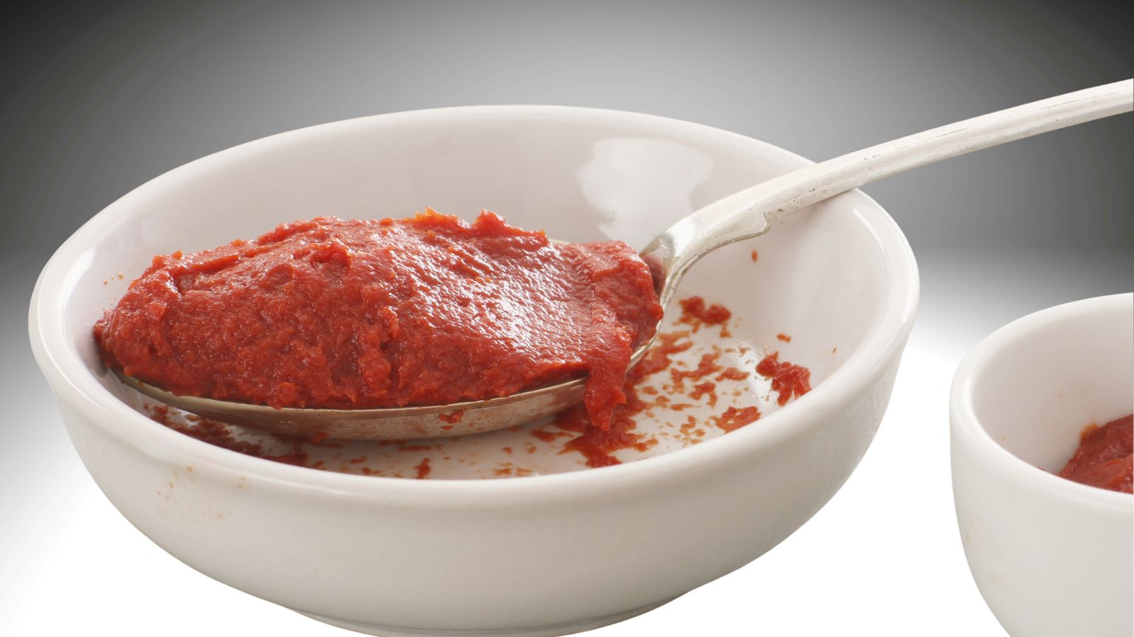 Kitchen Cupboard Staple tomato puree image of a spoonful of tomato puree in a white bowl on a grey ombre background