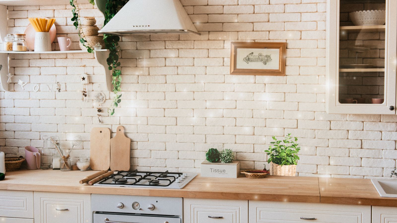 kitchen wisdom image of a pretty creamy coloured kitchen with a sprinkling of magical starts and some herbs in pots in background with white bricks as tile backs