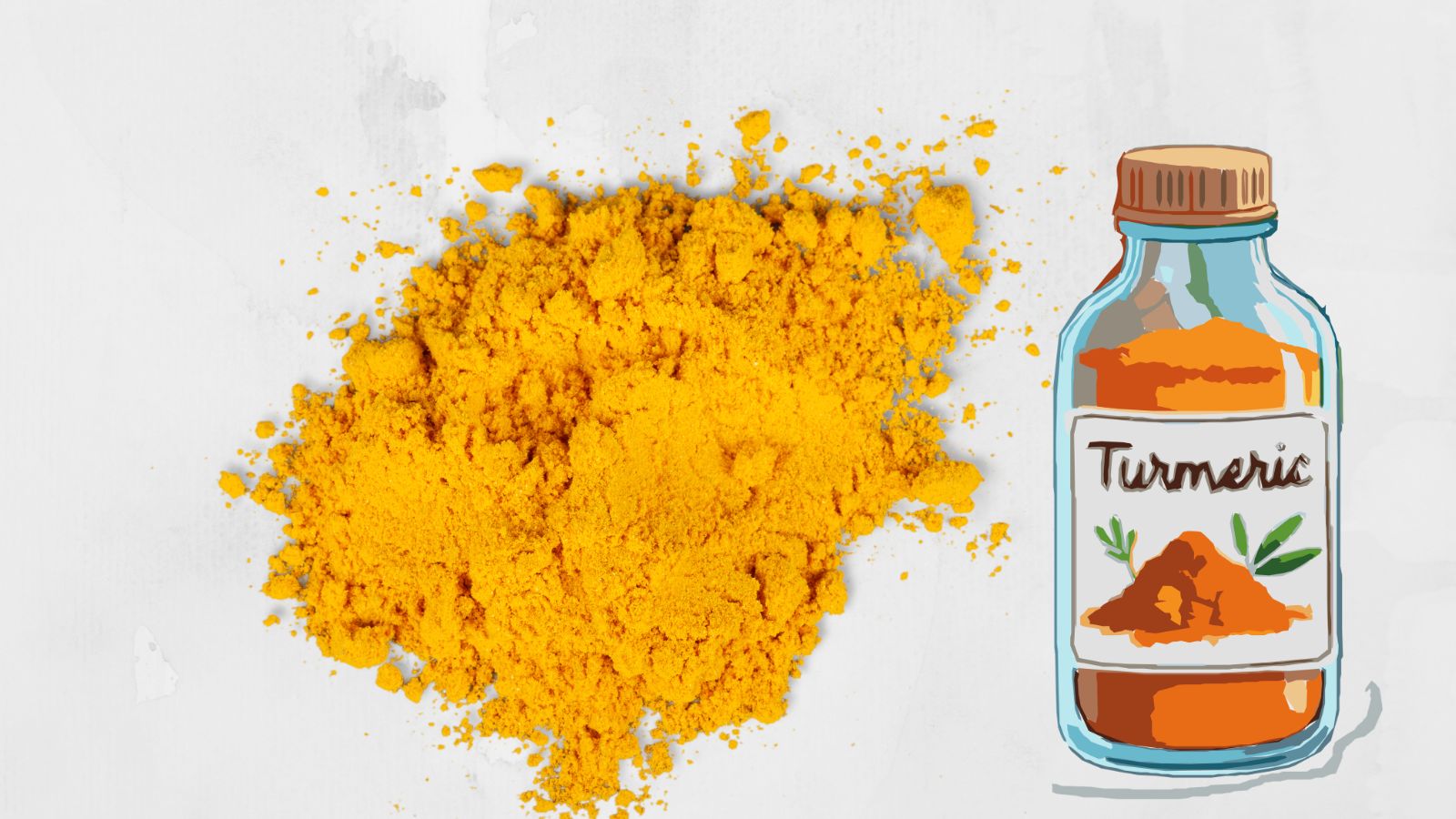 spice rack essentials, image of a pile of tumeric and a bottle of tumeric on a white backgroun